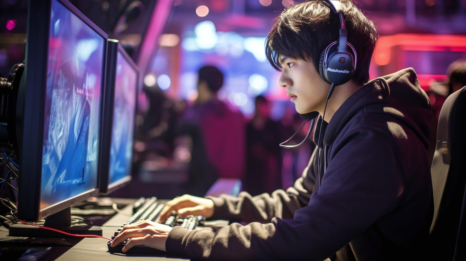 Gamer wearing a headset playing League of Legends gameplay session