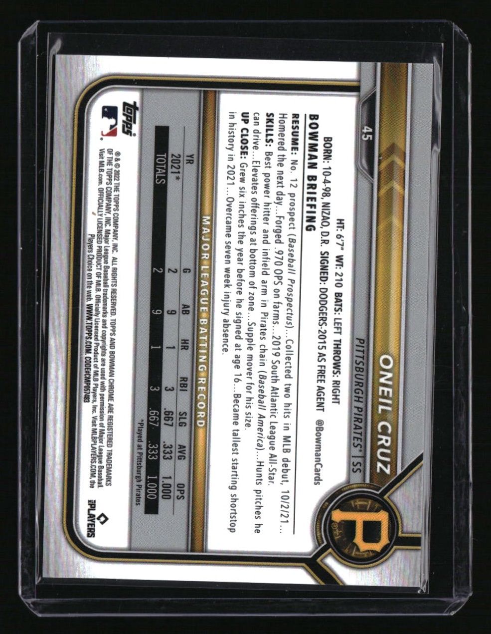 2022 Bowman Chrome Sapphire Edition Oneil Cruz Orange