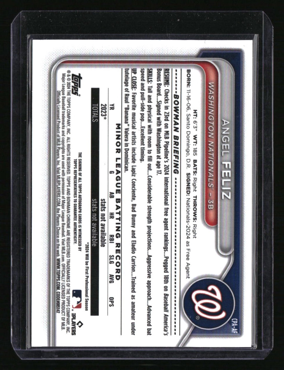 2024 Bowman Chrome Angel Feliz Prospects Autographs Purple Refractors #/250