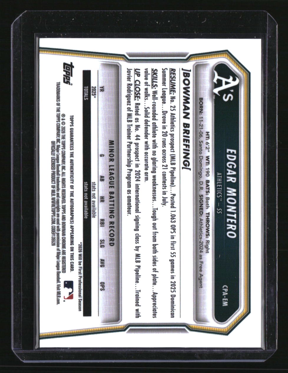 2026 Bowman Edgar Montero Chrome Prospect Autographs