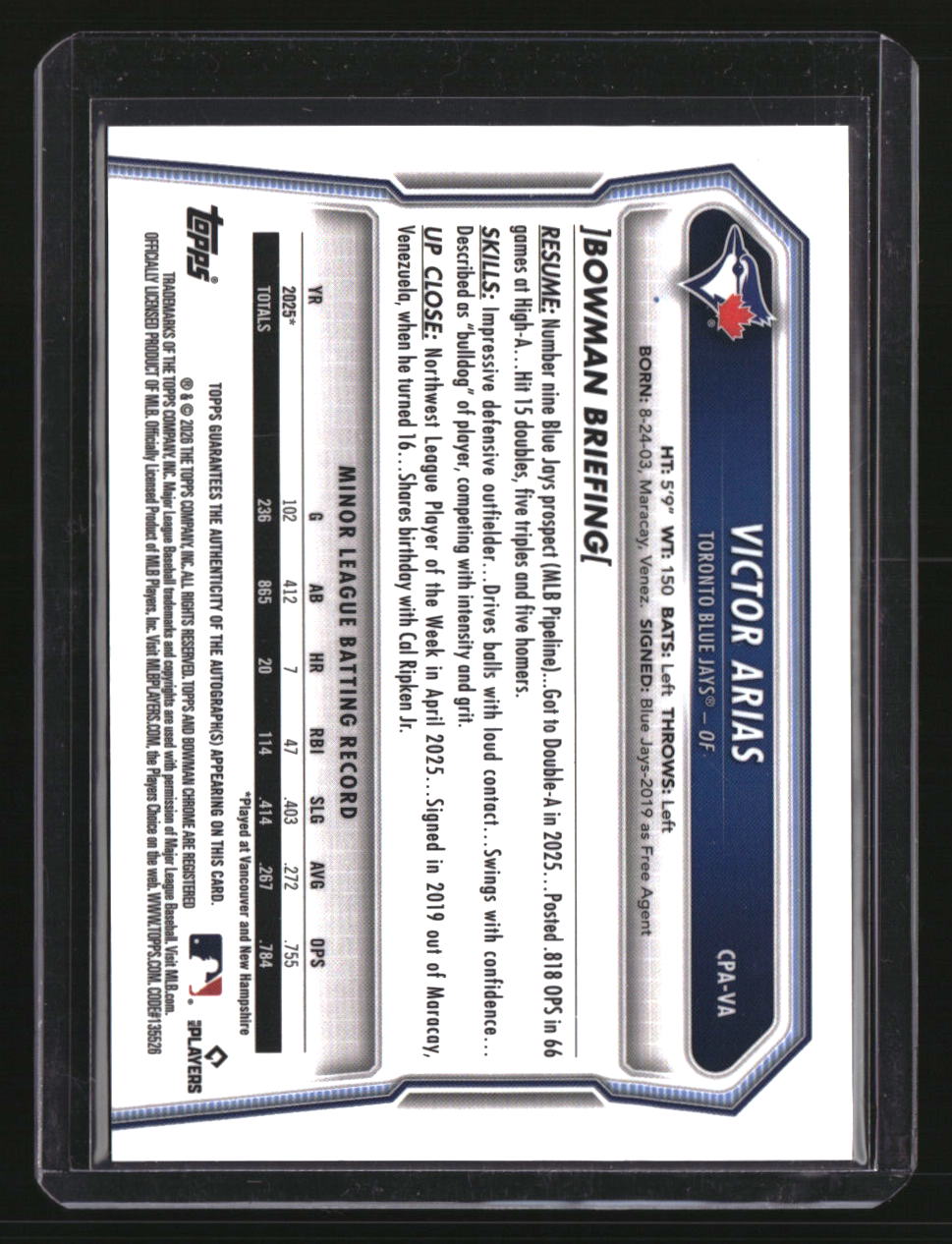 2026 Bowman Victor Arias Chrome Prospect Autographs Purple Refractors #/250