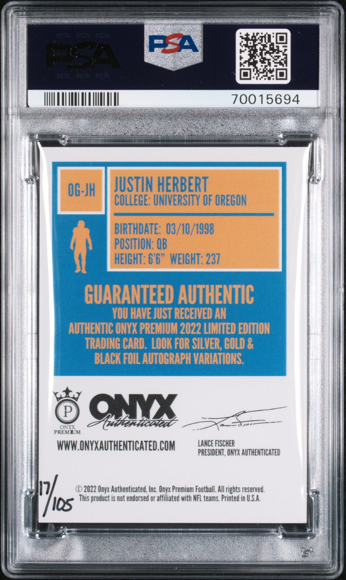 2022 Onyx Premium Autographs Justin Herbert Autographs-Silver Foil PSA 10