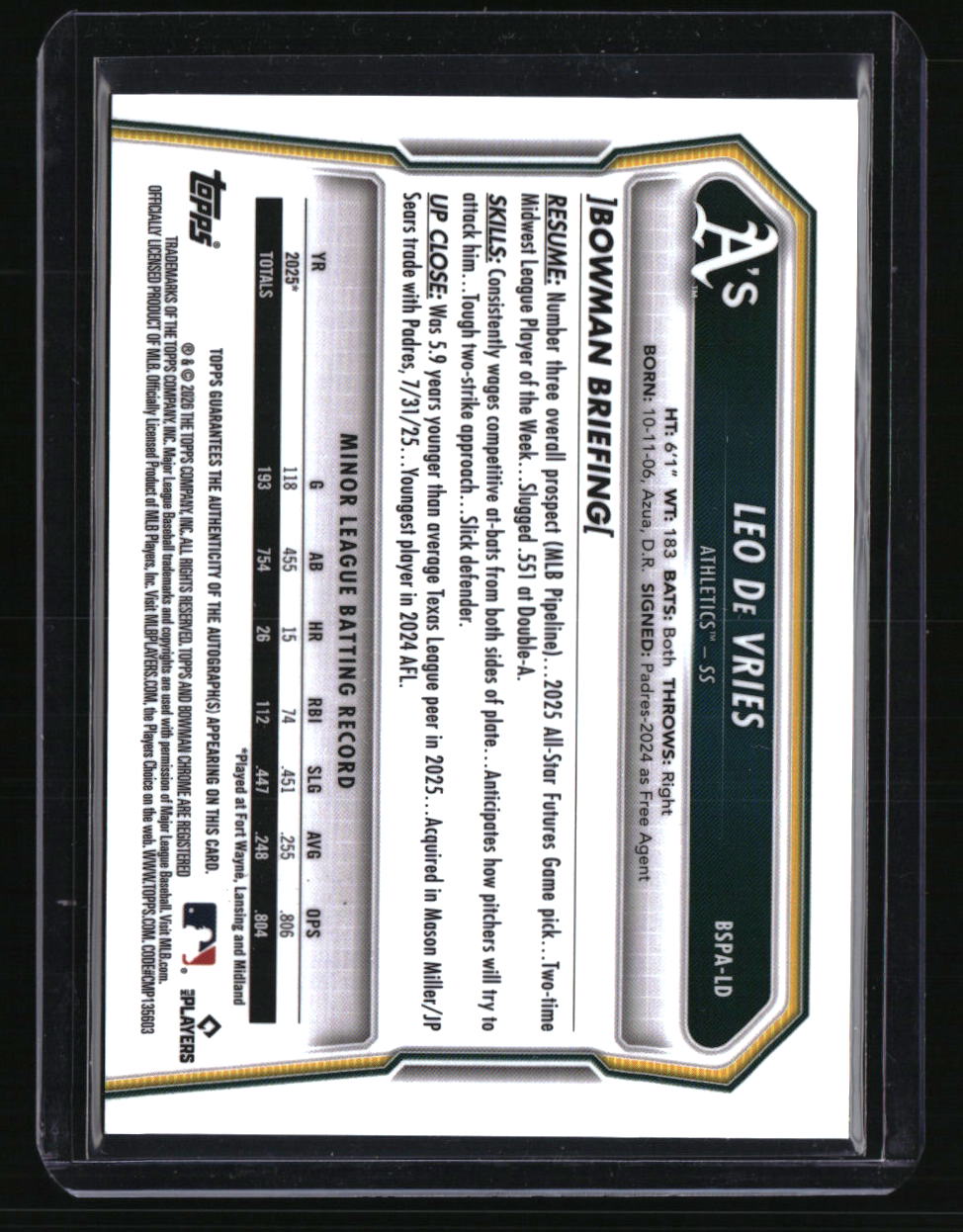 2026 Bowman Sapphire Edition Leo De Vries Prospect Auto #/199