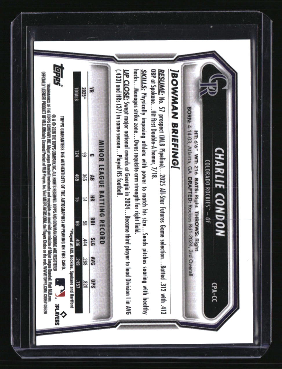 2026 Bowman Charlie Condon Chrome Prospect Autographs
