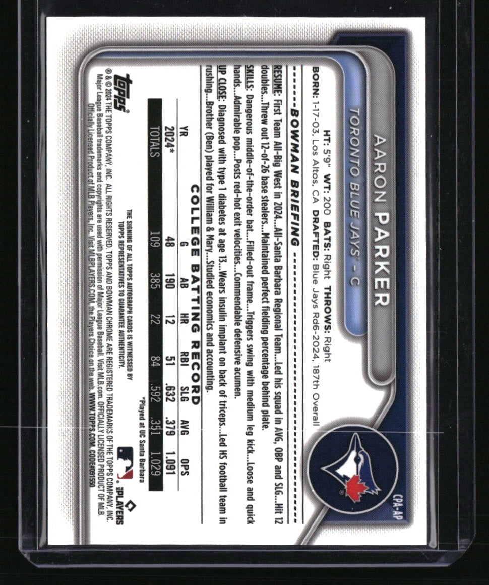 2024 Bowman Draft Aaron Parker Chrome Prospect Auto HTA Choice Refractor #/150