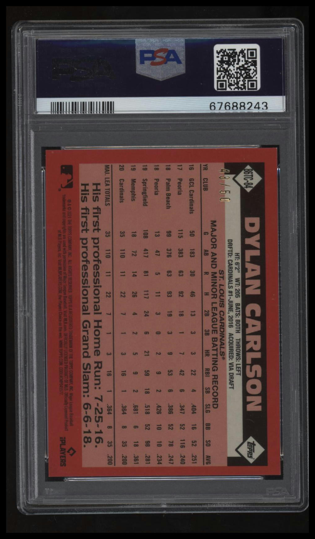 2021 Topps Silver Pack 1986 #84 Dylan Carlson Series 2-Gold Refractor PSA 9