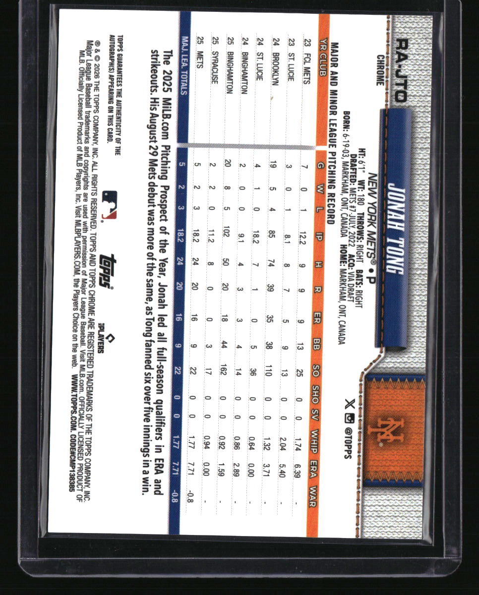 2026 Topps Chrome Jonah Tong Rookie Autographs Aqua Refractor #/199