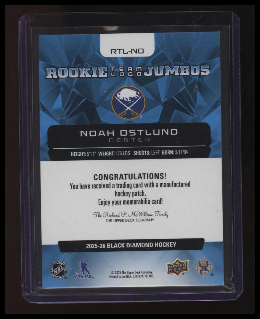 2025-26 Upper Deck Black Diamond Noah Ostlund Team Logo Jumbo Rookies
