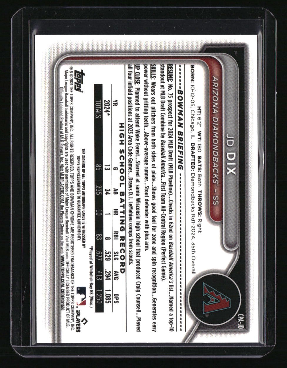 2024 Bowman Draft JD Dix Chrome Prospect Autographs