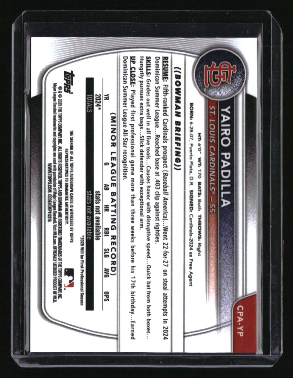 2025 Bowman Chrome Yairo Padilla Prospect Autographs Green #/99