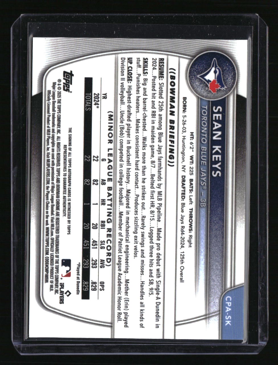 2025 Bowman Sean Keys Chrome Prospect Autographs Speckle Refractor #/299