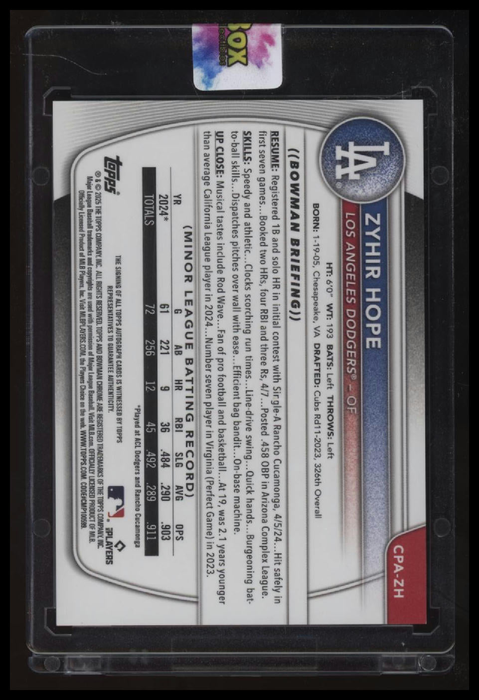 2025 Bowman Zyhir Hope Chrome Prospects Autographs Green Lava Refractor #/99