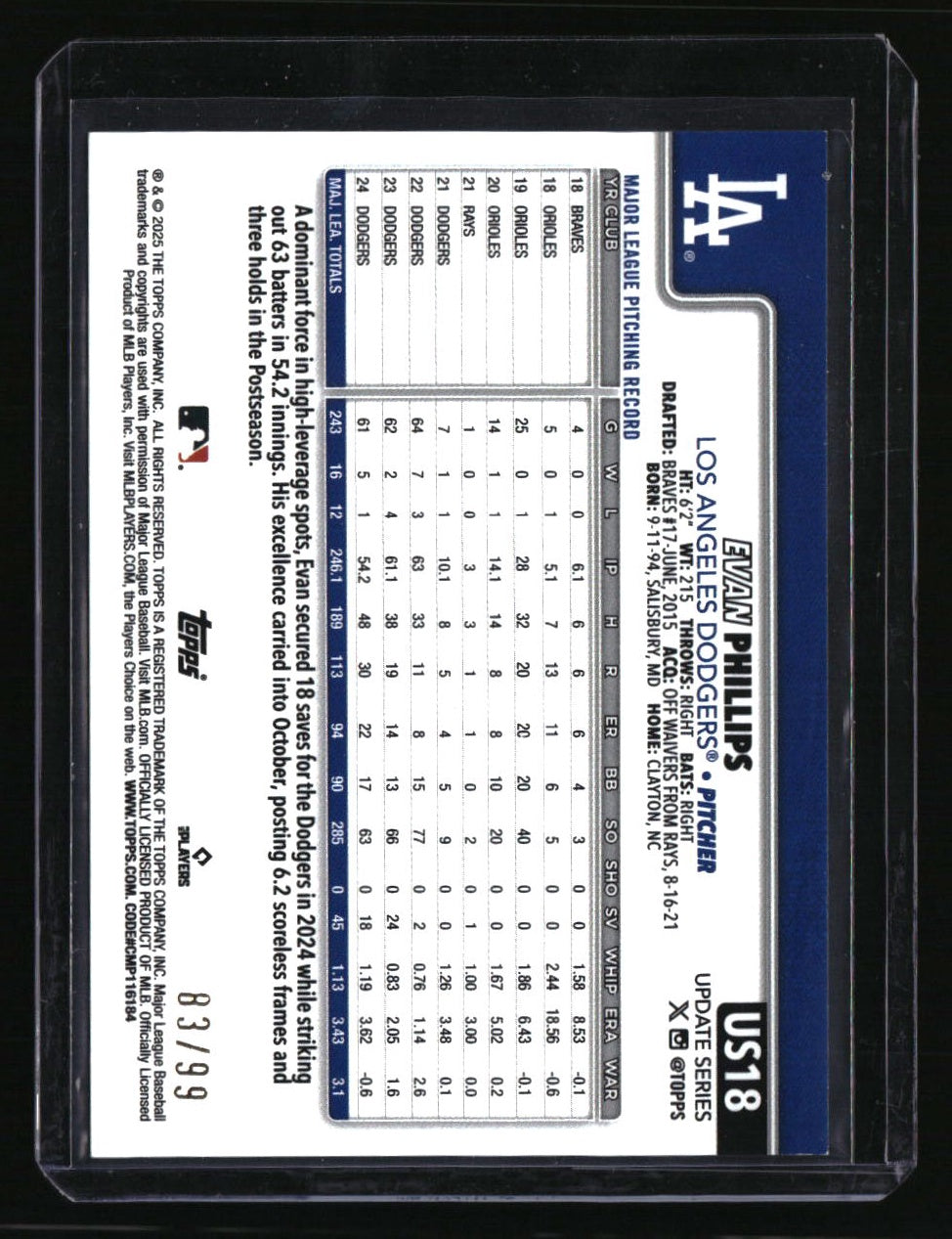2025 Topps Update Evan Phillips Green Rainbow Foil #/99