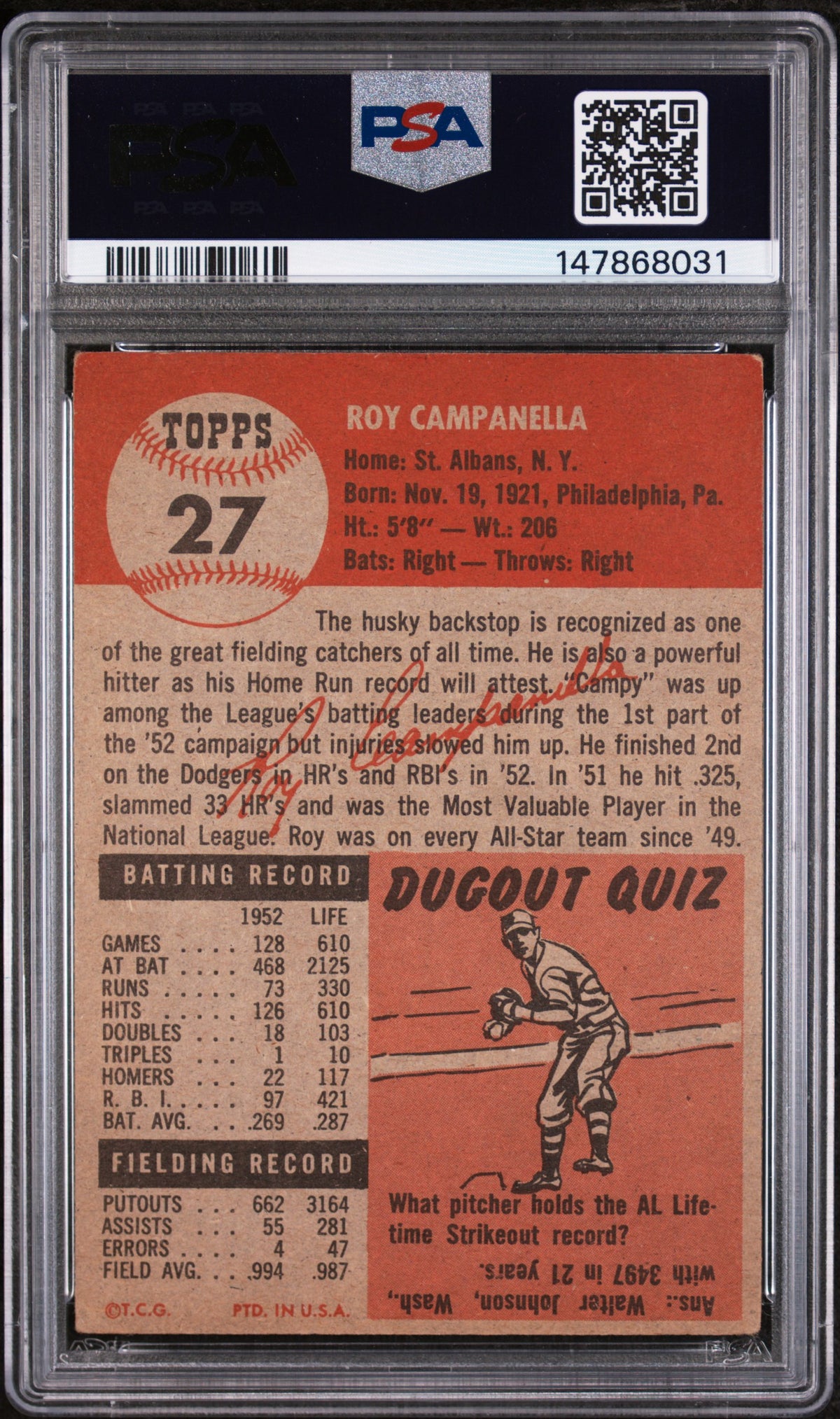 1953 Topps Roy Campanella PSA 2