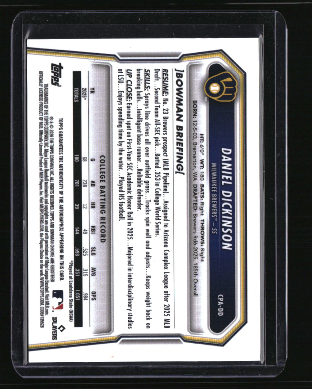 2026 Bowman Daniel Dickinson Chrome Prospect Autographs Yellow Refractors #/75