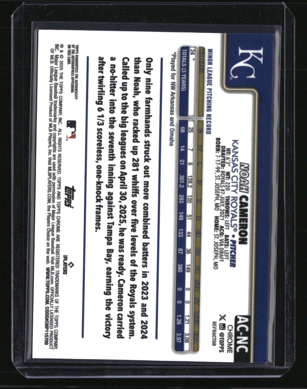 2025 Topps Chrome Update Noah Cameron Chrome Update Autographs Refractors #/499