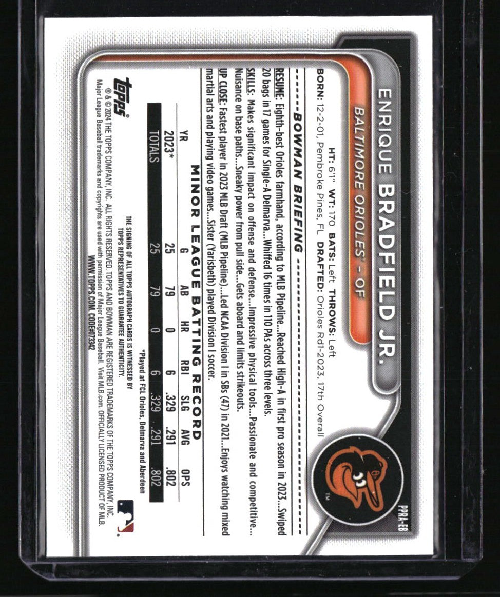 2024 Bowman Enrique Bradfield Jr. Prospect Autographs Purple #/250