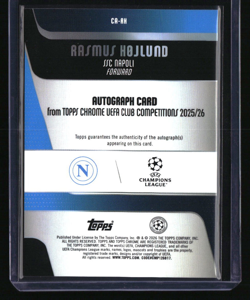2025/26 Topps Chrome UEFA Club Comp Rasmus Højlund Chrome Auto Aqua Lava #/199