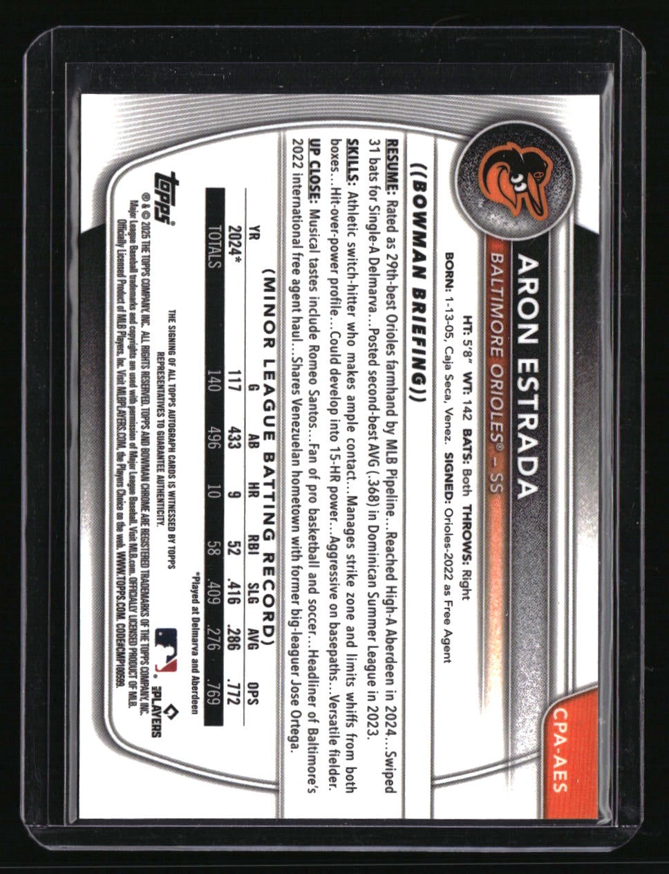 2025 Bowman Aron Estrada Chrome Prospects Autographs Speckle Refractor #/299