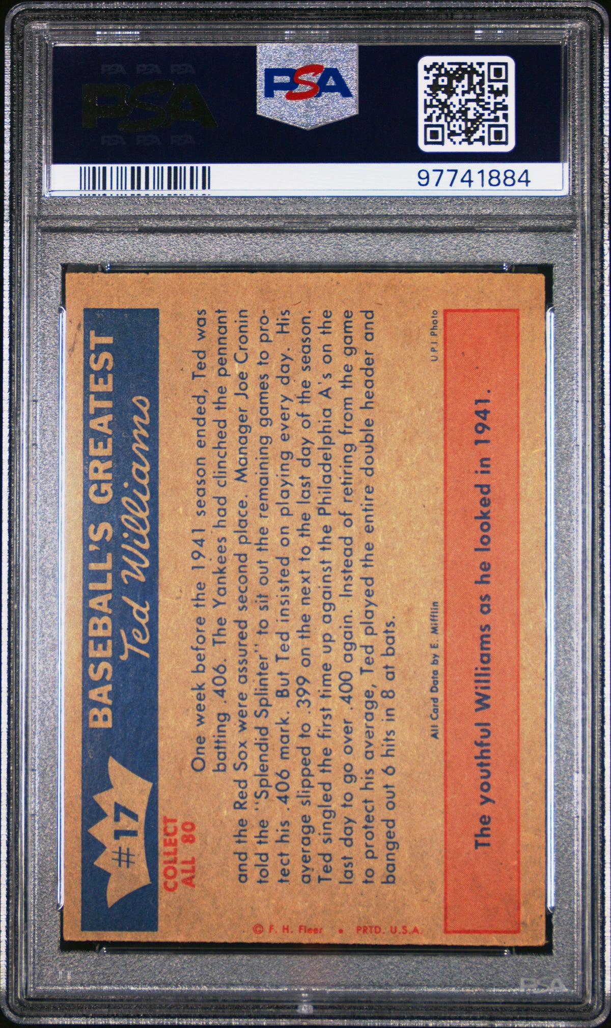 1959 Fleer Ted Williams 1941-How Ted Hit .400 PSA 6