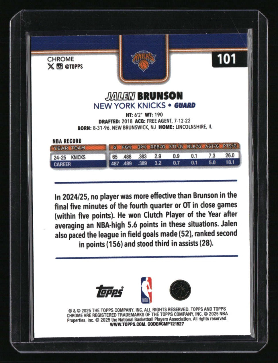 2025-26 Topps Chrome Sapphire Edition Jalen Brunson
