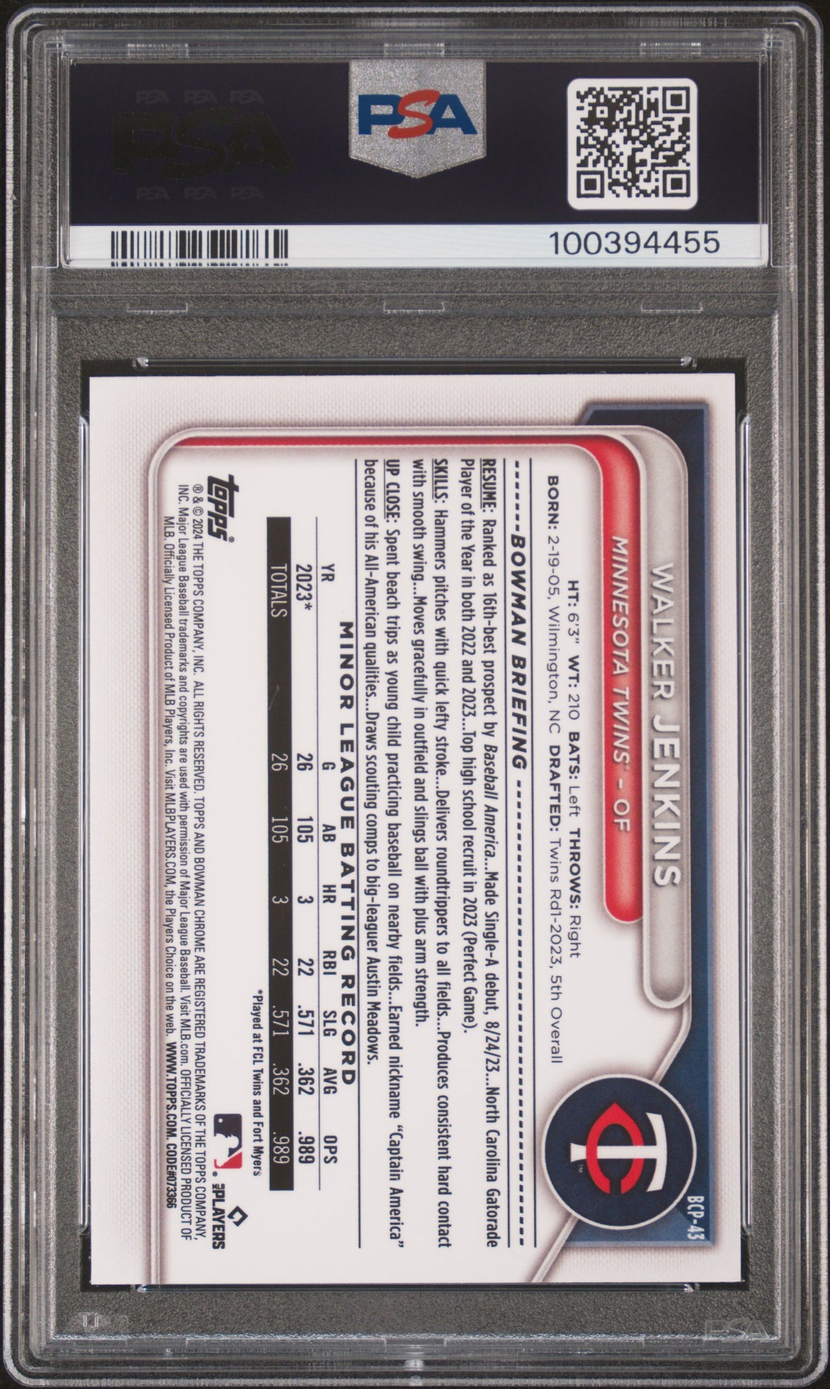 2024 Bowman Mega Box Chrome Prospects Walker Jenkins PSA 8