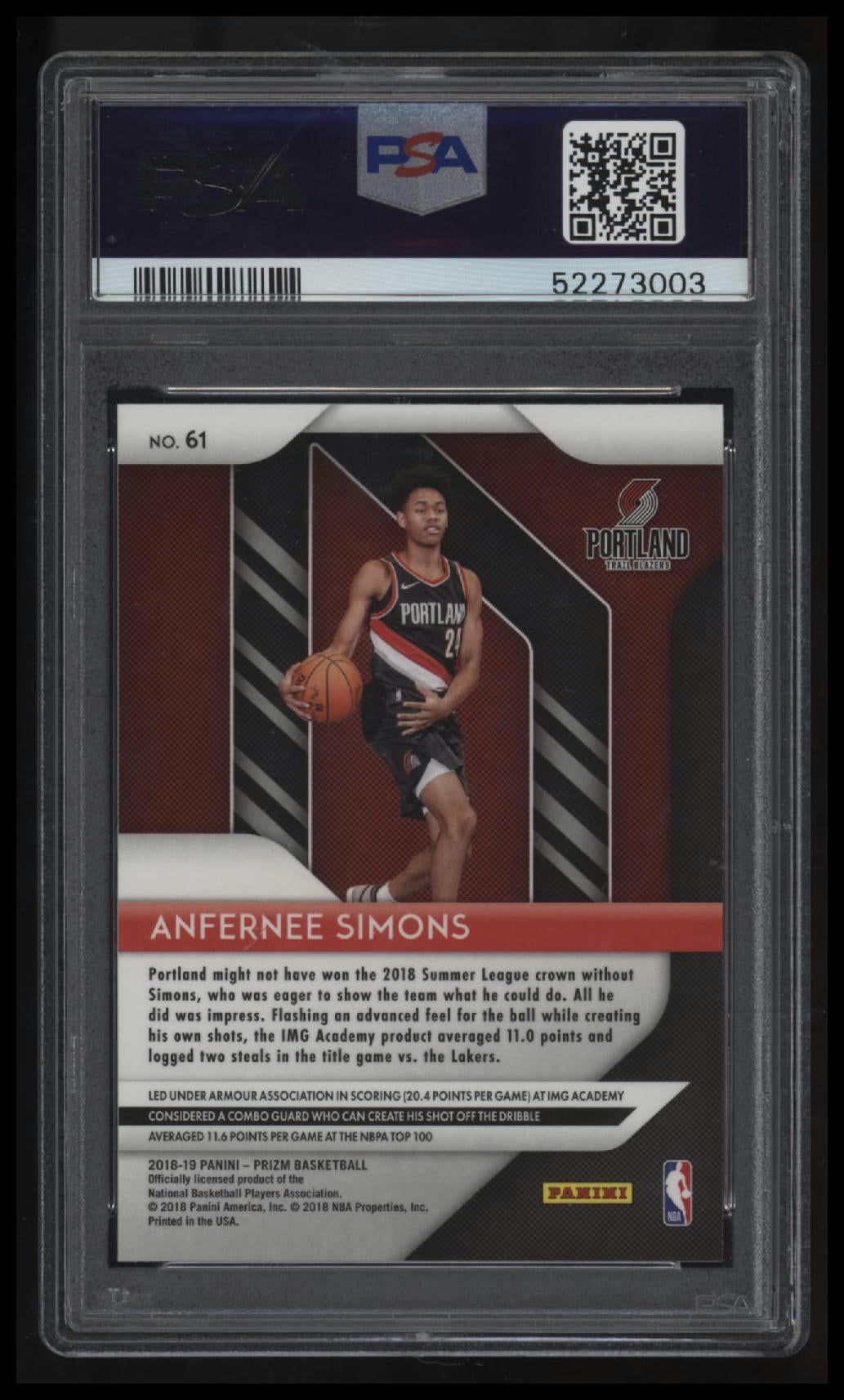 2018 Panini Prizm Anfernee Simons PSA 10