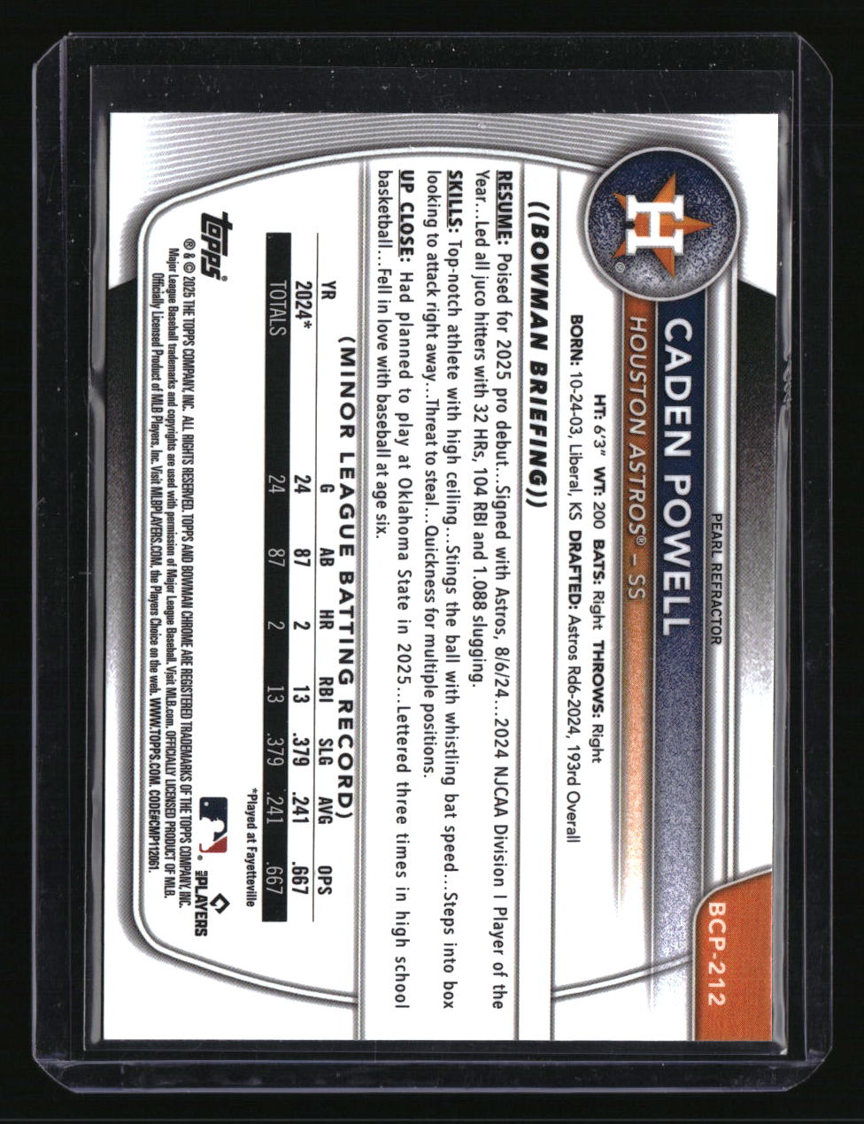 2025 Bowman Chrome Caden Powell Prospects Pearl