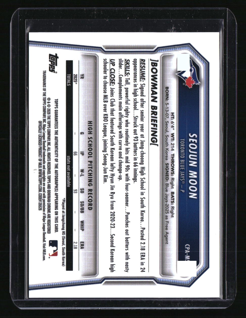 2026 Bowman Seojun Moon Chrome Prospect Autographs Purple Refractors #/250