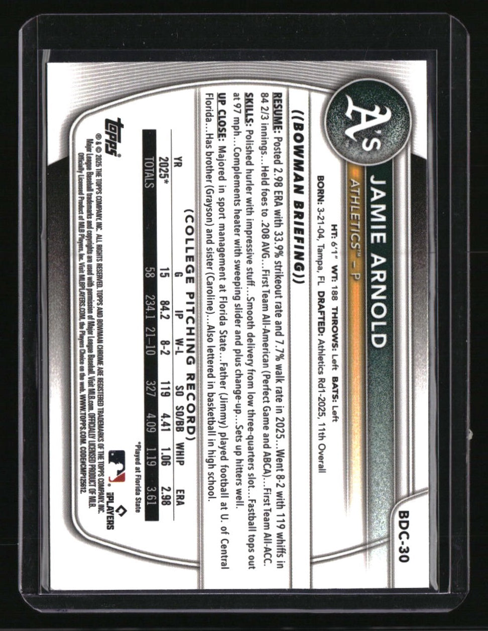 2025 Bowman Draft Jamie Arnold Chrome Green Grass Refractor #/99