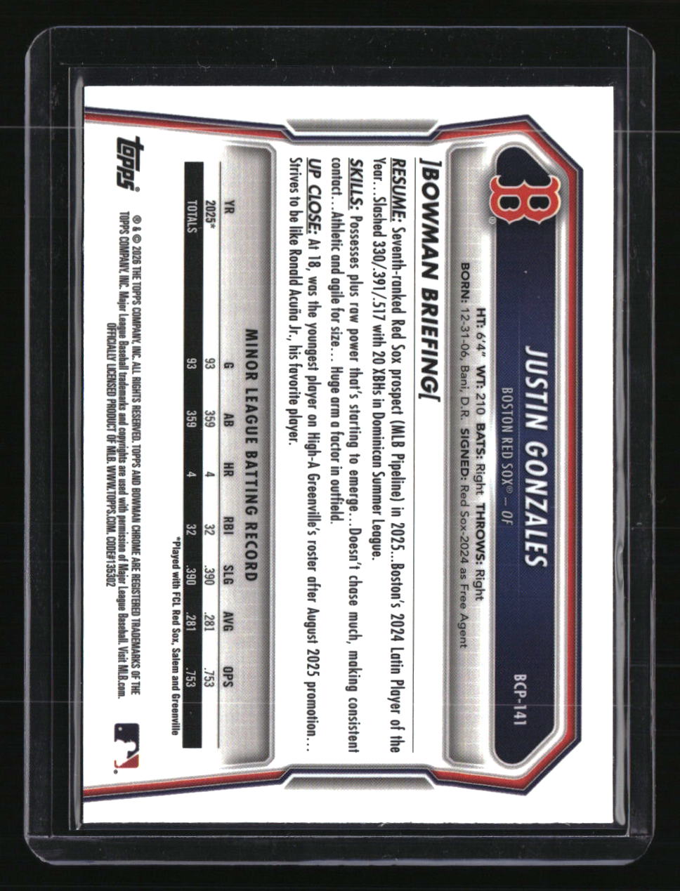 2026 Bowman Justin Gonzales Chrome Prospects Fuchsia Wave Refractor #/199