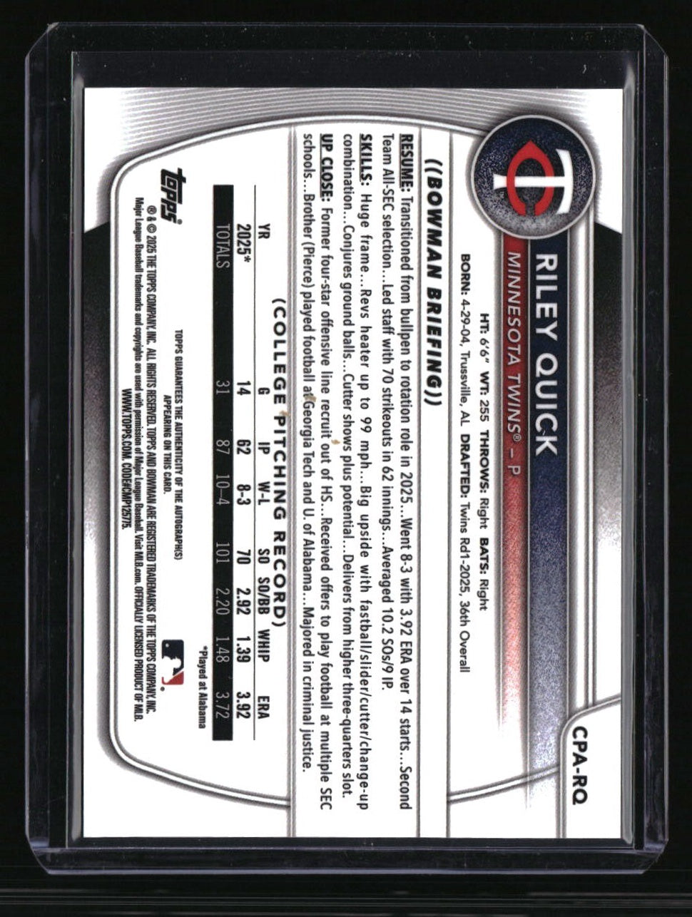 2025 Bowman Draft Riley Quick Chrome Prospect Autographs