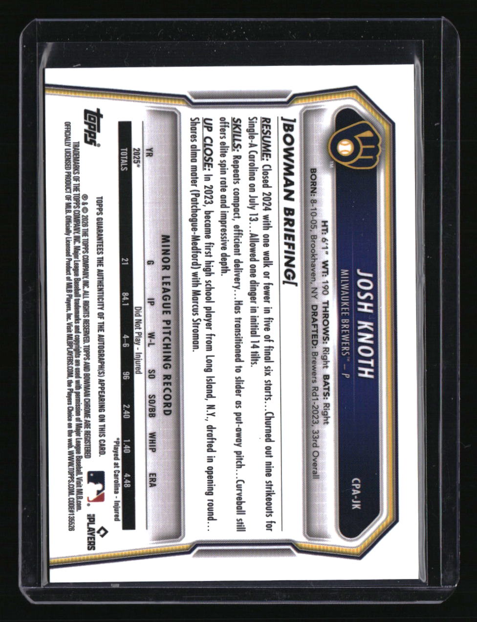 2026 Bowman Josh Knoth Chrome Prospect Autographs Speckle Refractors #/299