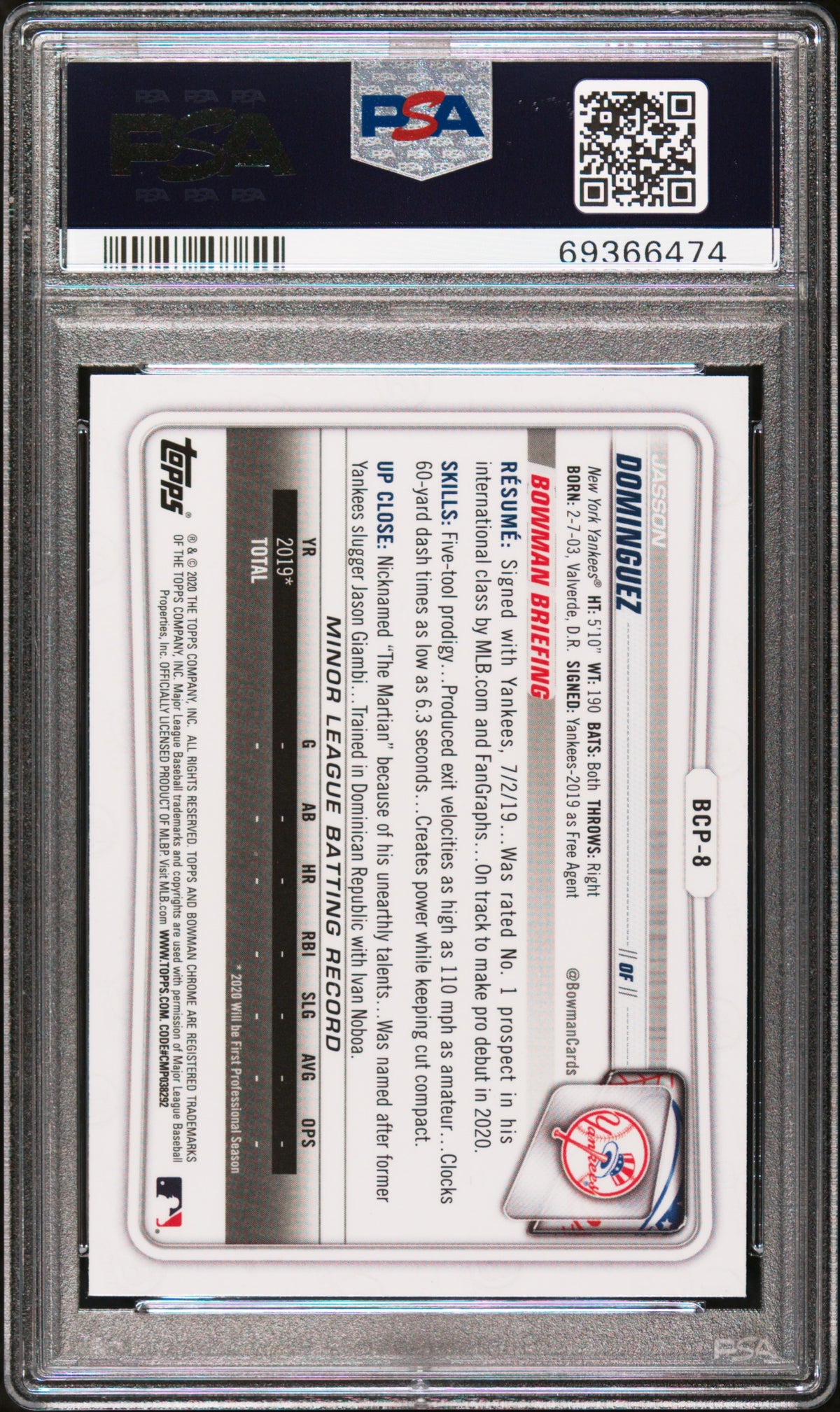 2020 Bowman Chrome Prospects Jasson Dominguez Prospects PSA 10