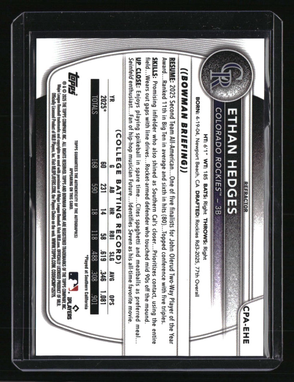 2025 Bowman Draft Ethan Hedges Chrome Prospect Autographs Refractor #/499