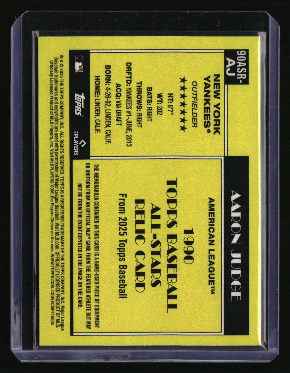 2025 Topps Aaron Judge 1990 Topps Baseball 35th Anniversary All-Stars Relics