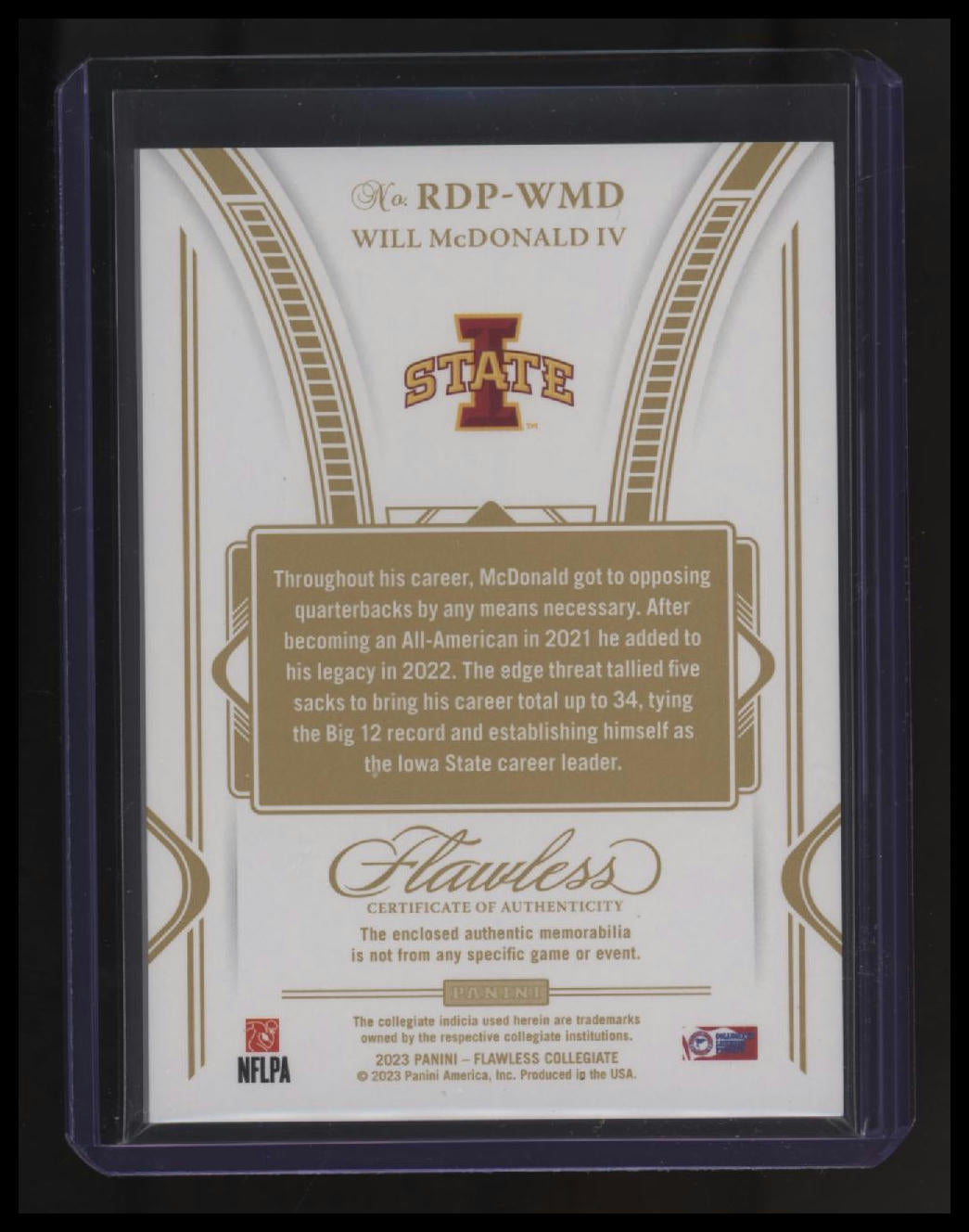 2023 Panini Flawless Collegiate Will McDonald IV Rookie Dual Patches Ruby #/20