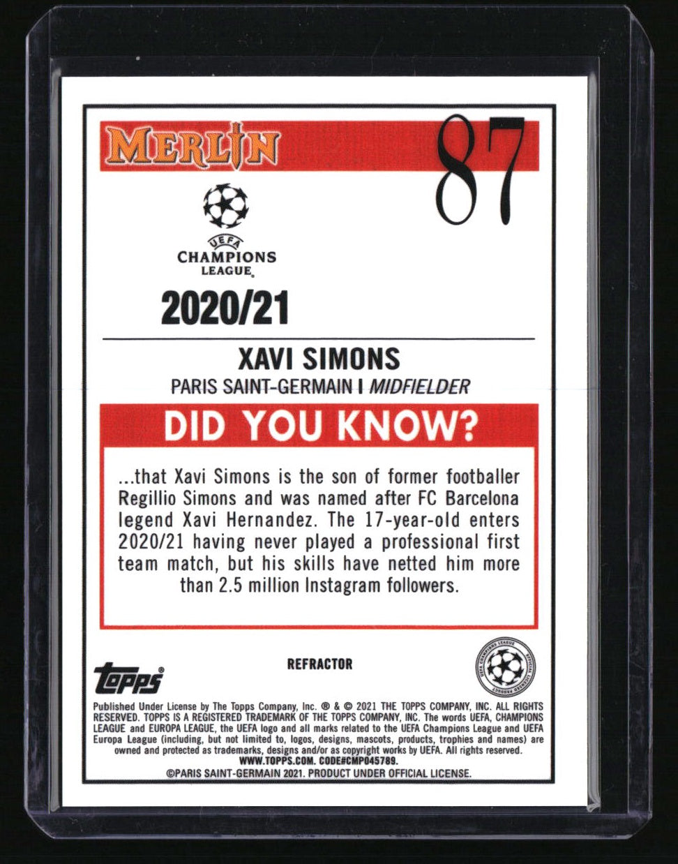2020-21 Merlin UEFA Champions League Xavi Simons Refractor
