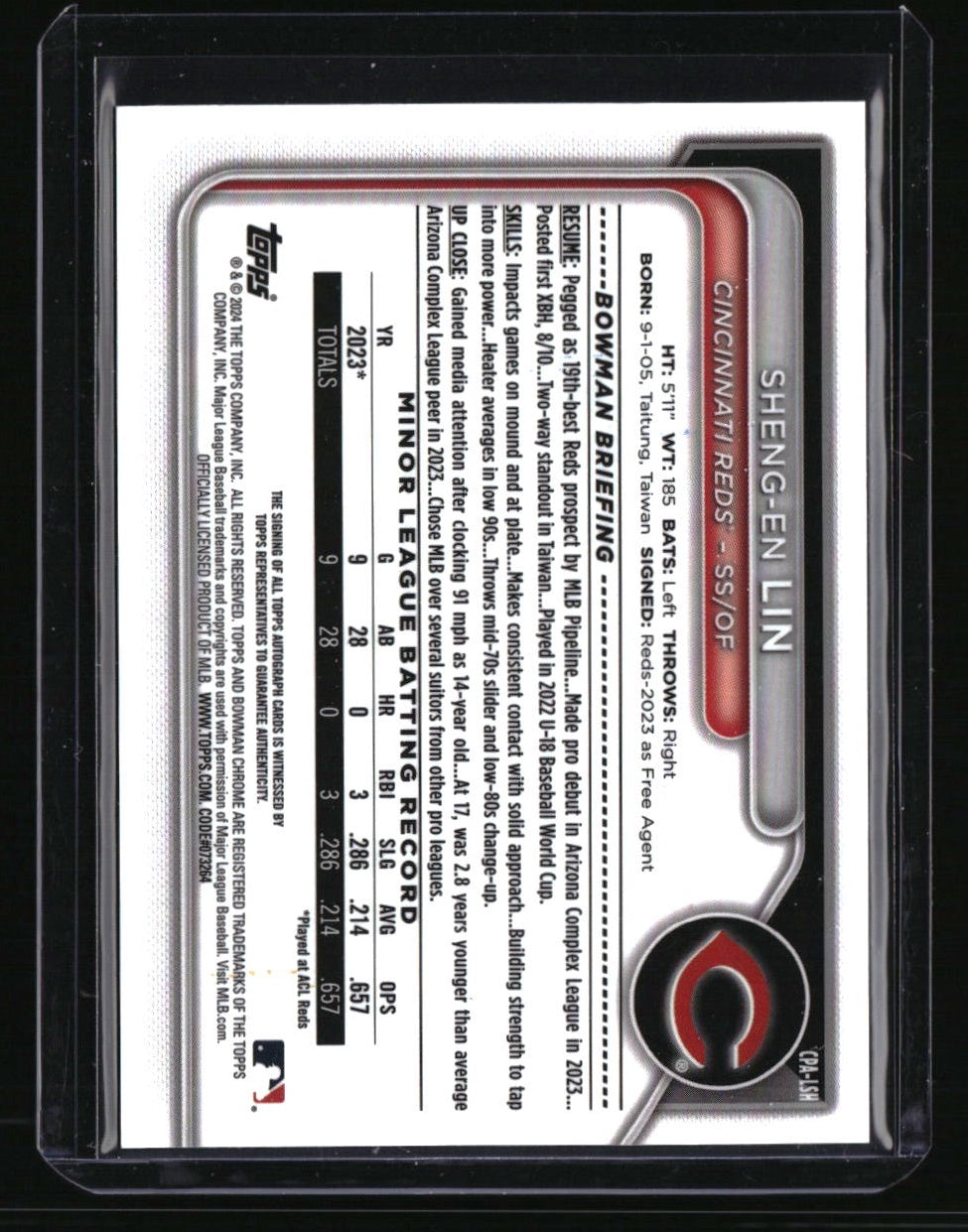 2024 Bowman Chrome Sheng-En Lin Prospects Autographs Speckle Refractors #/299