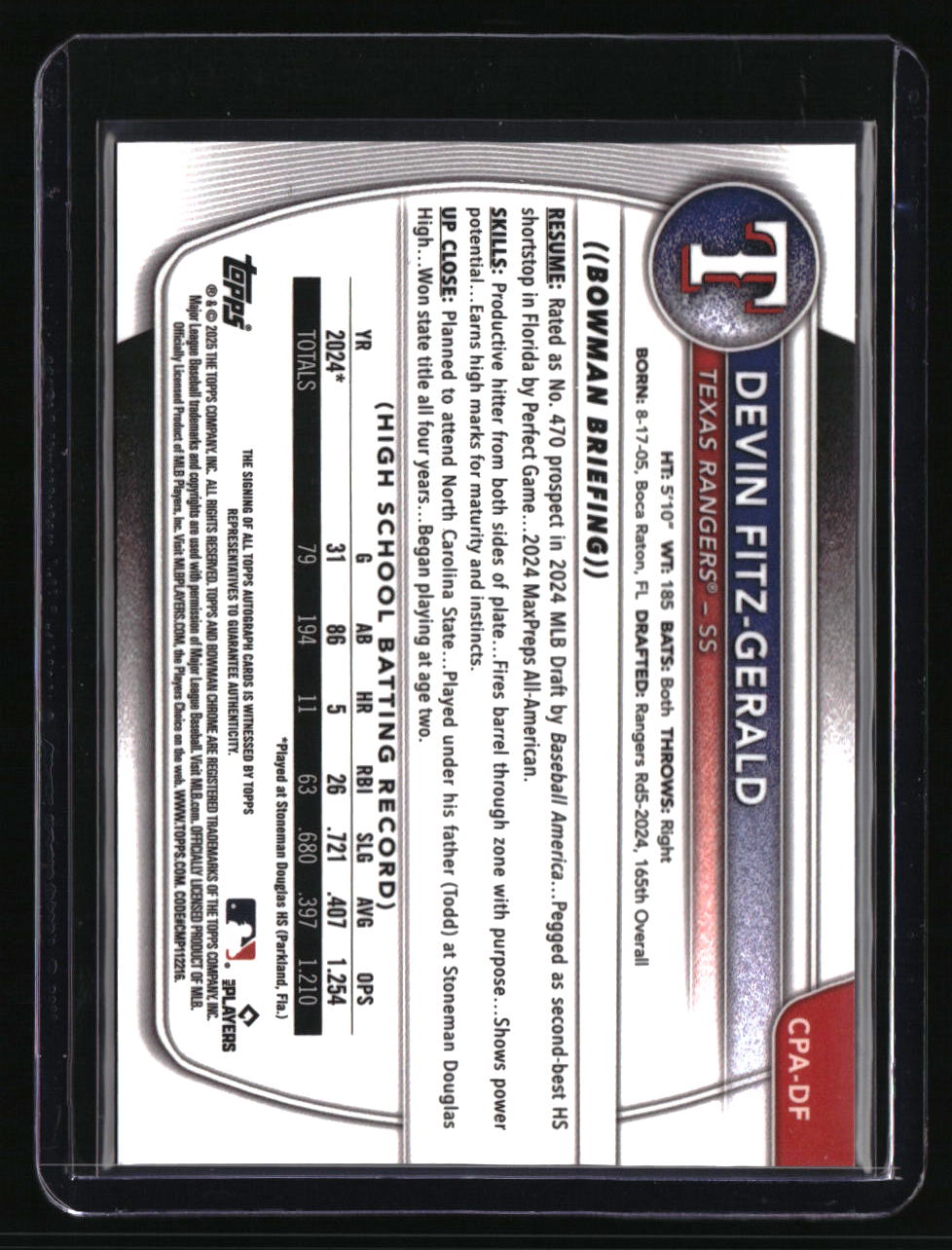2025 Bowman Chrome Devin Fitz-Gerald Prospect Autographs Purple #/250