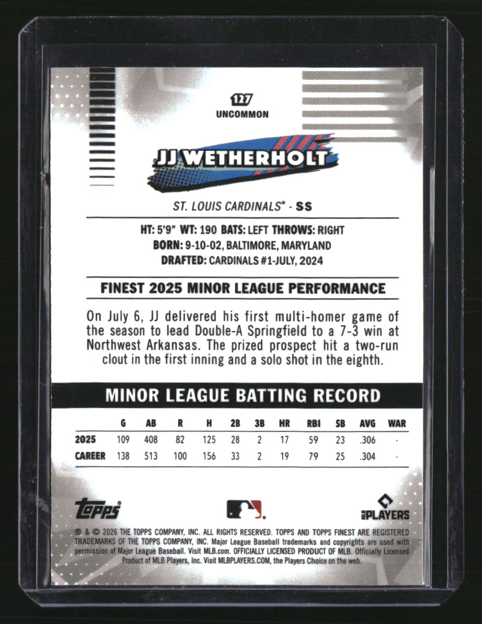 2026 Finest JJ Wetherholt Uncommon Yellow Refractors #/275