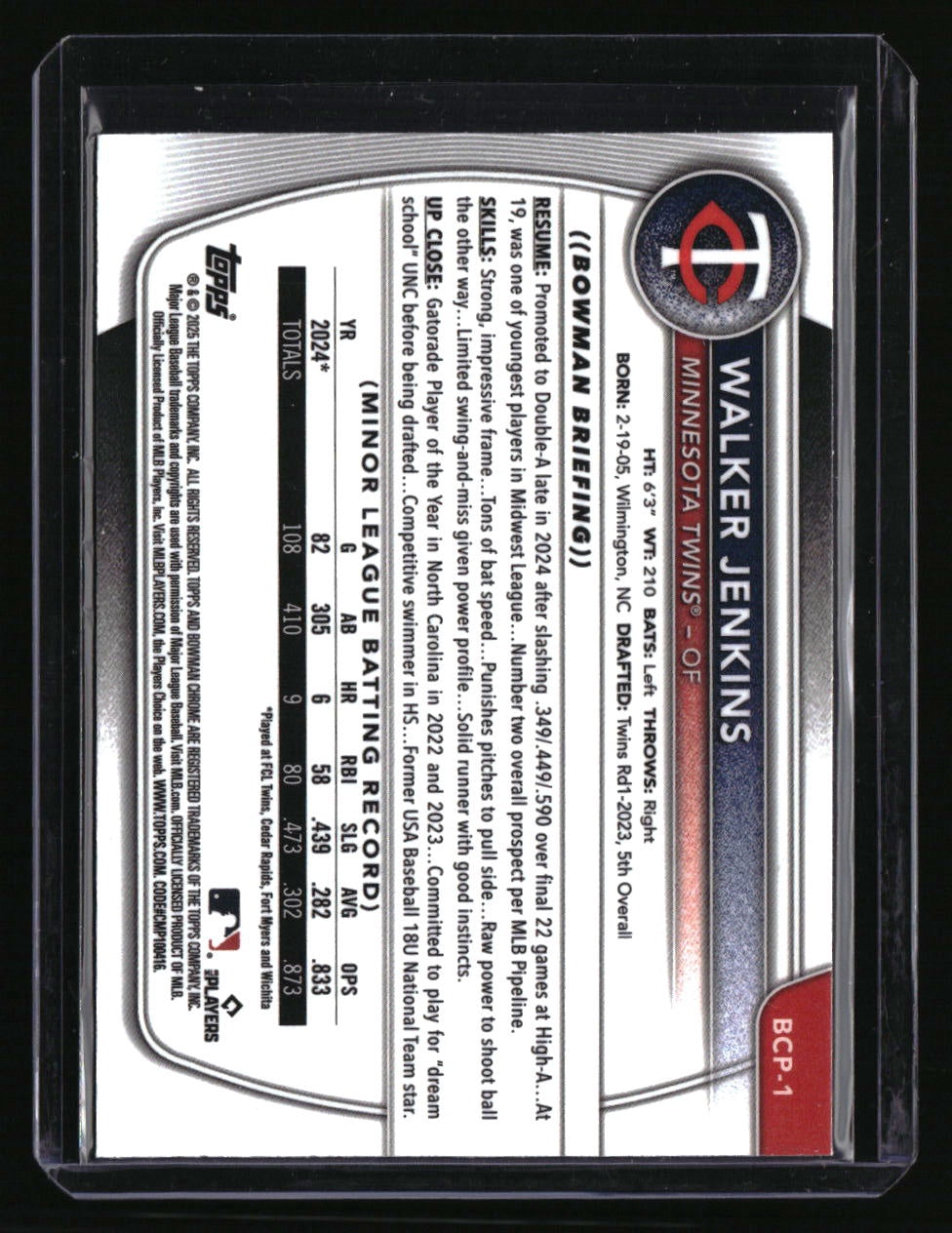 2025 Bowman Walker Jenkins Chrome Prospects Reptilian Blue Refractor #/150