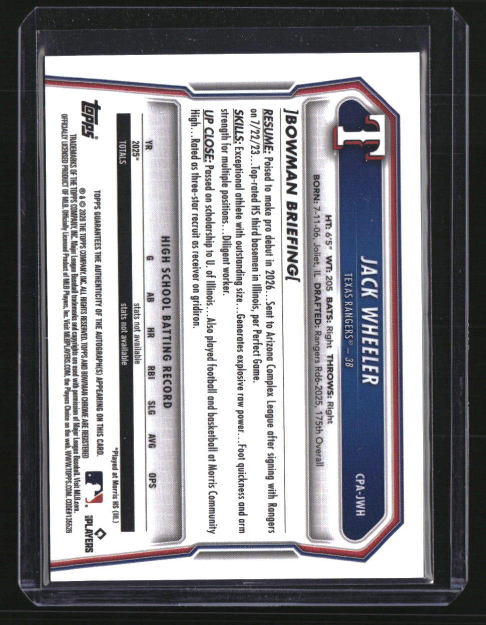 2026 Bowman Jack Wheeler Chrome Prospect Autographs
