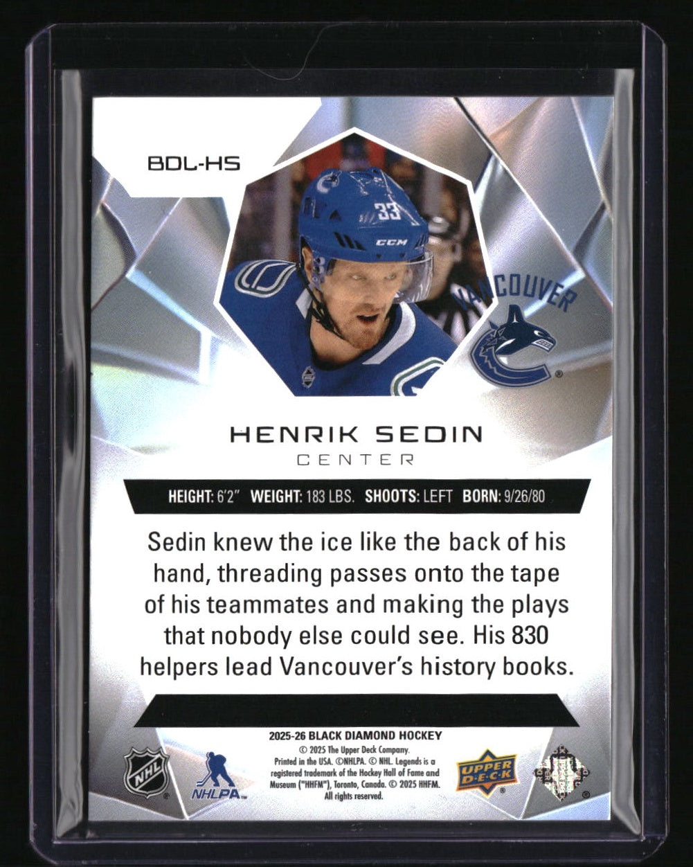 2025-26 Upper Deck Black Diamond Henrik Sedin Diamond Legends #/249