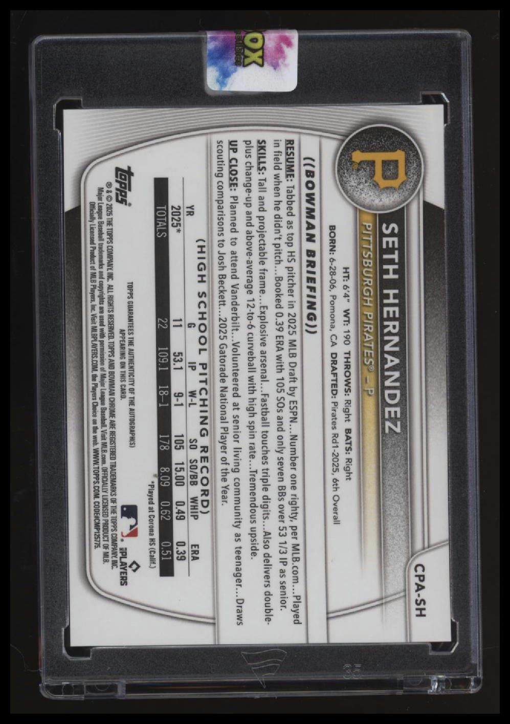 2025 Bowman Draft Seth Hernandez Chrome Prospect Autographs