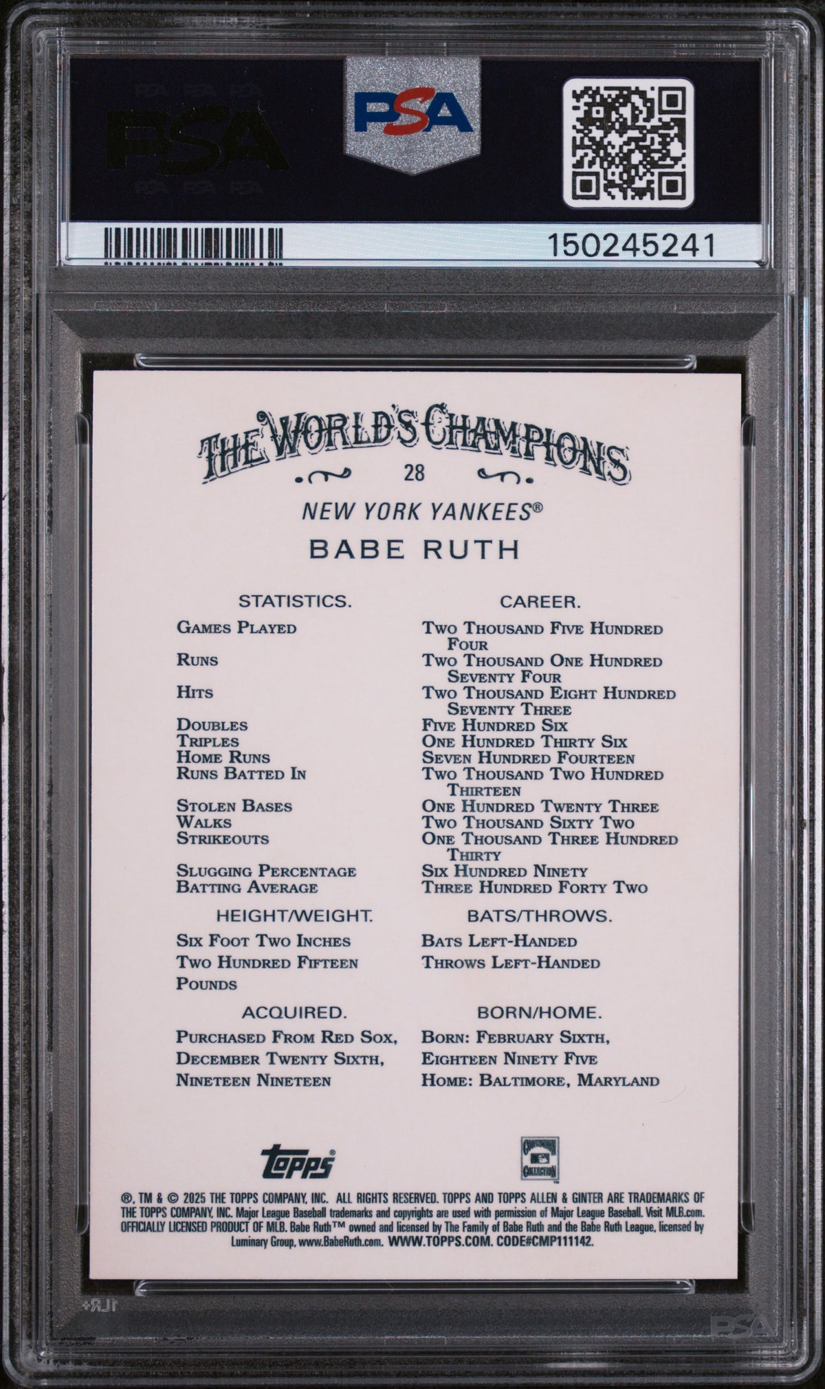 2025 Topps Allen & Ginter Babe Ruth Chrome-Purple Refractor PSA 9