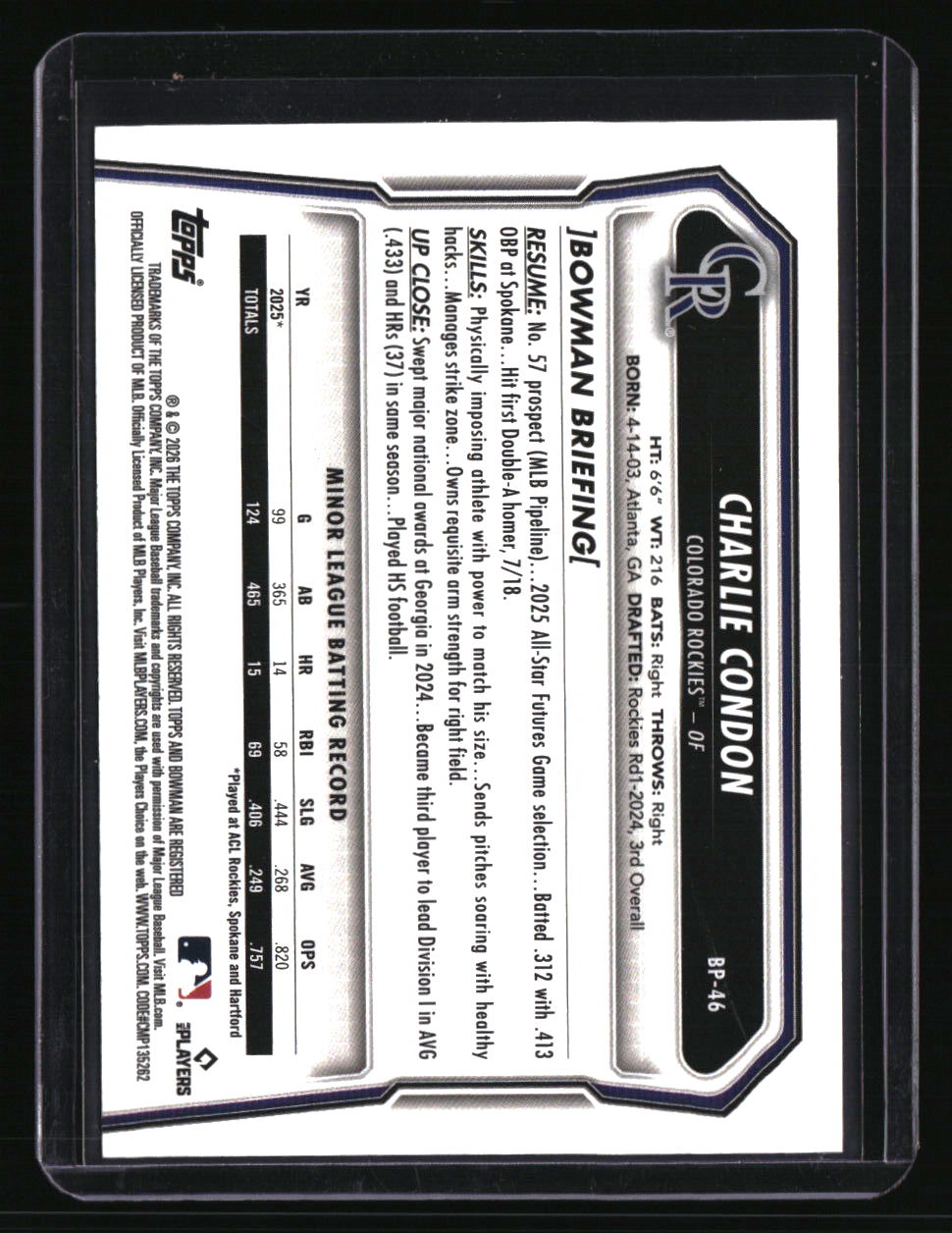 2026 Bowman Charlie Condon Prospects Gold #/50