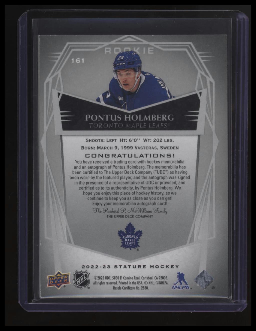 2022-23 Upper Deck Stature Pontus Holmberg Auto Patch Design Variant #/20