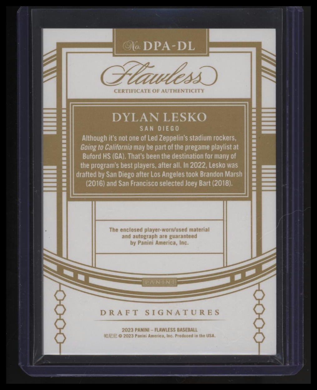 2023 Panini Flawless Dylan Lesko Draft Patch Autographs Ruby #/20