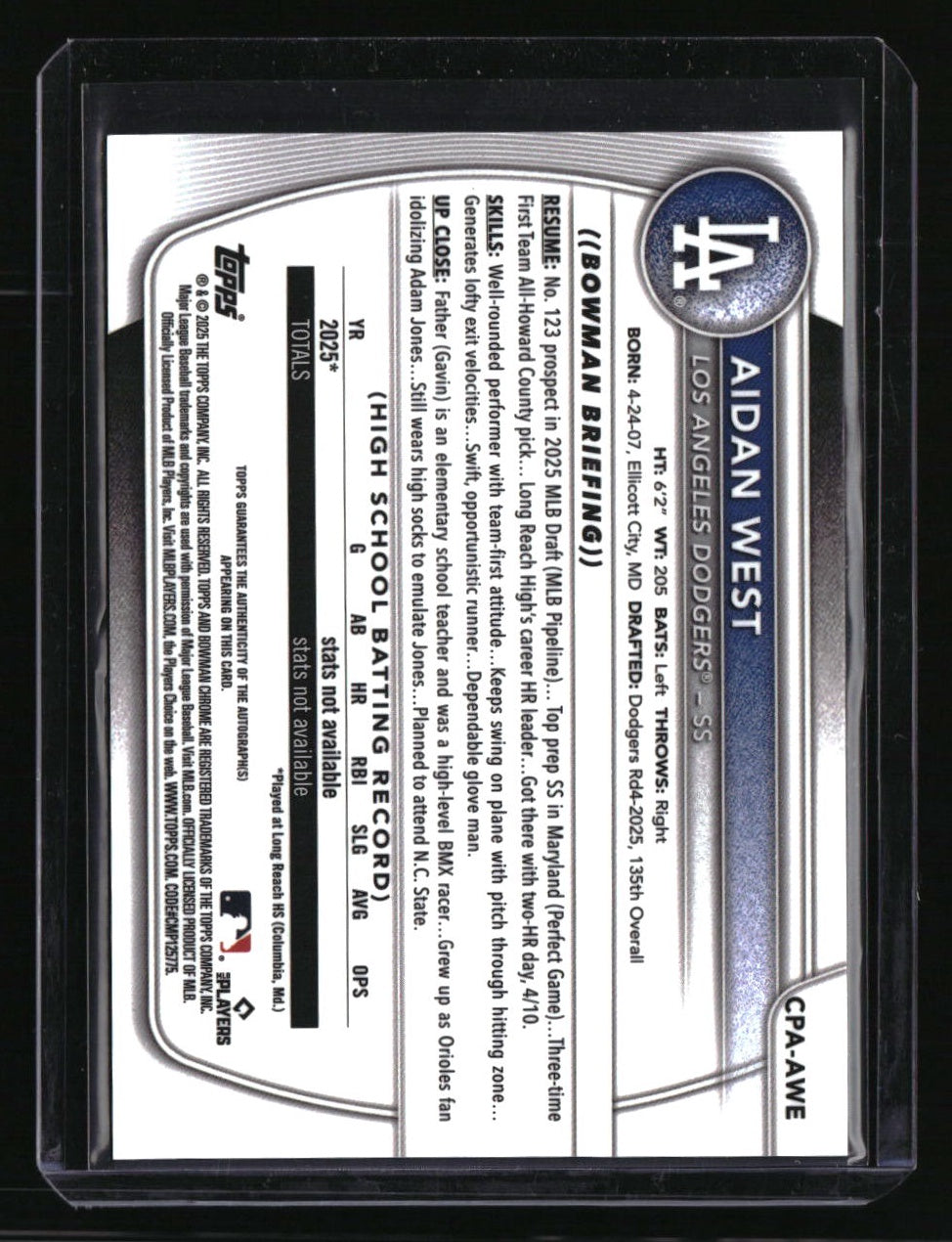 2025 Bowman Draft Aidan West Chrome Prospect Autographs Blue Wave #/150